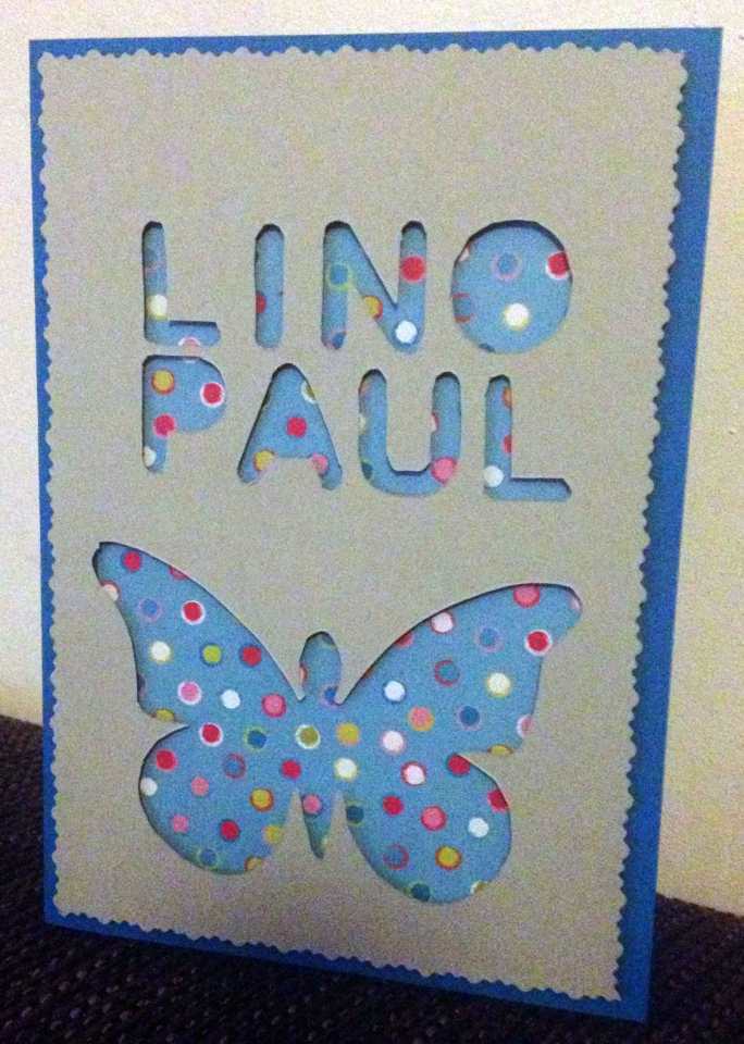 Buchstaben (selbst gemachte Schablonen) und Motiv (ein fertiges Stanzteil diente mir als Schablone) habe ich spiegelverkehrt hinten auf den Fotokarton gezeichnet und mit dem Skalpell ausgeschnitten. Den Rand habe ich mit einer Motivschere gemacht.