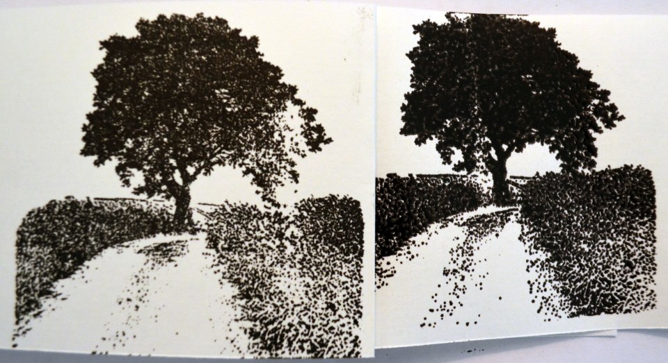 Links habe ich das sehr detaillierte Motiv mit VersaFine gestempelt, rechts habe ich es embosst. Man sieht, wo die Grenzen des Embossens liegen: Sehr filigrane Bereiche zerfließen ineinander.