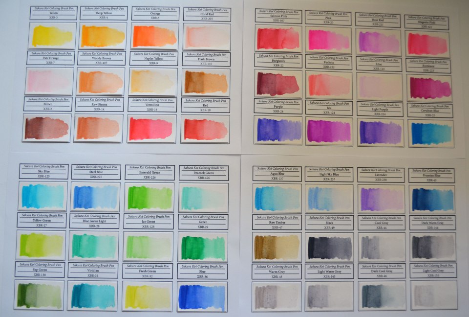Ganz links ist der Originalfarbauftrag der Sakura Koi Brush Pens zu sehen, nach rechts habe ich die Farben jeweils mit Wasser vermalt.